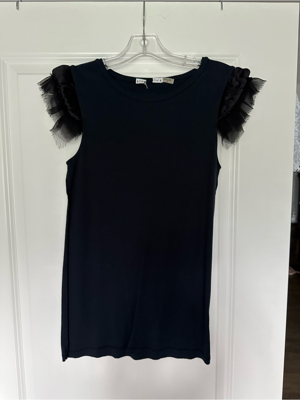 Alice + Olivia Black Sleeveless Tank with Layered Tulle Ruffle Shoulders
